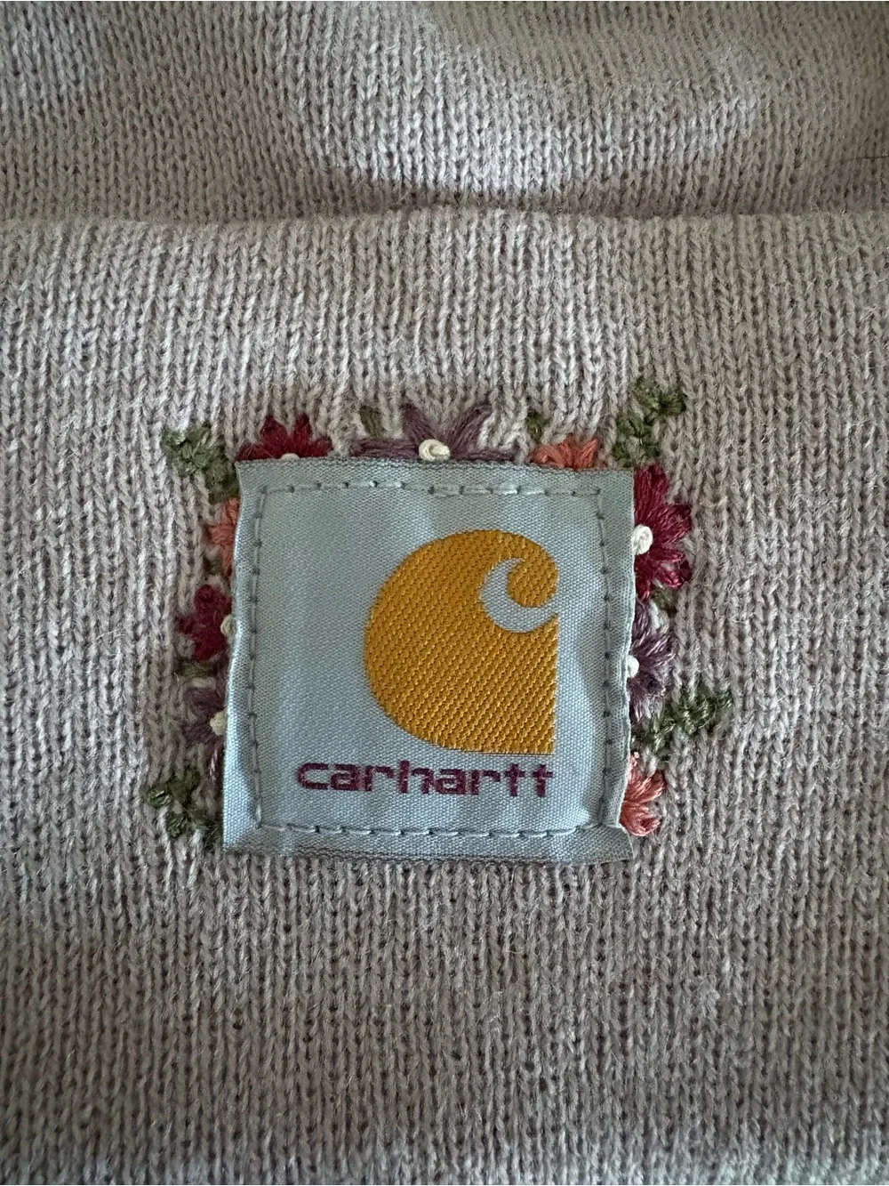 Carhartt Dusty Rose Knit Beanie with Yellow Logo Patch and Floral Accent